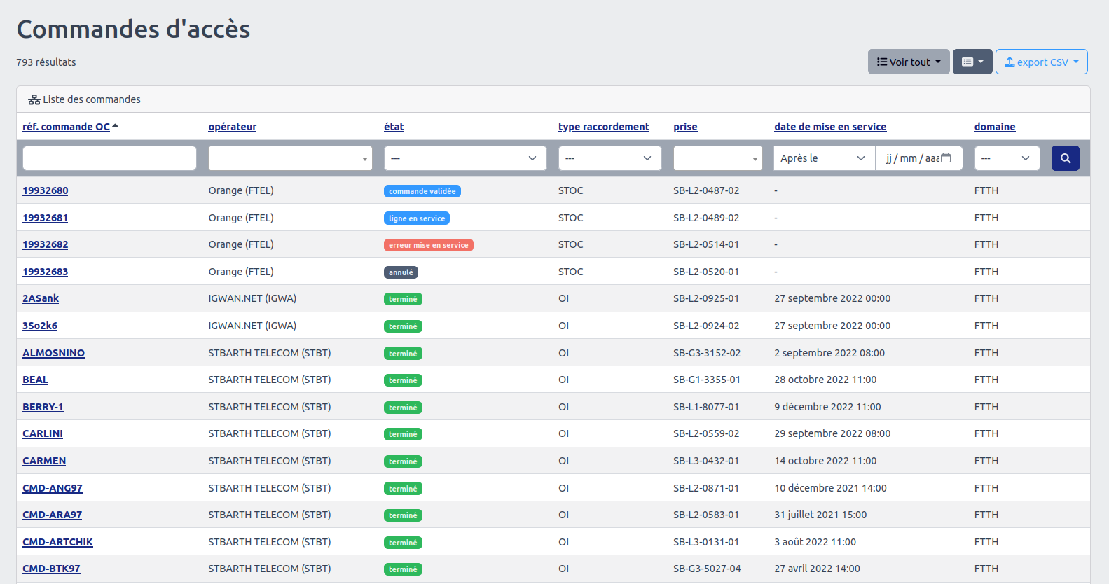 Page Commandes d’accès