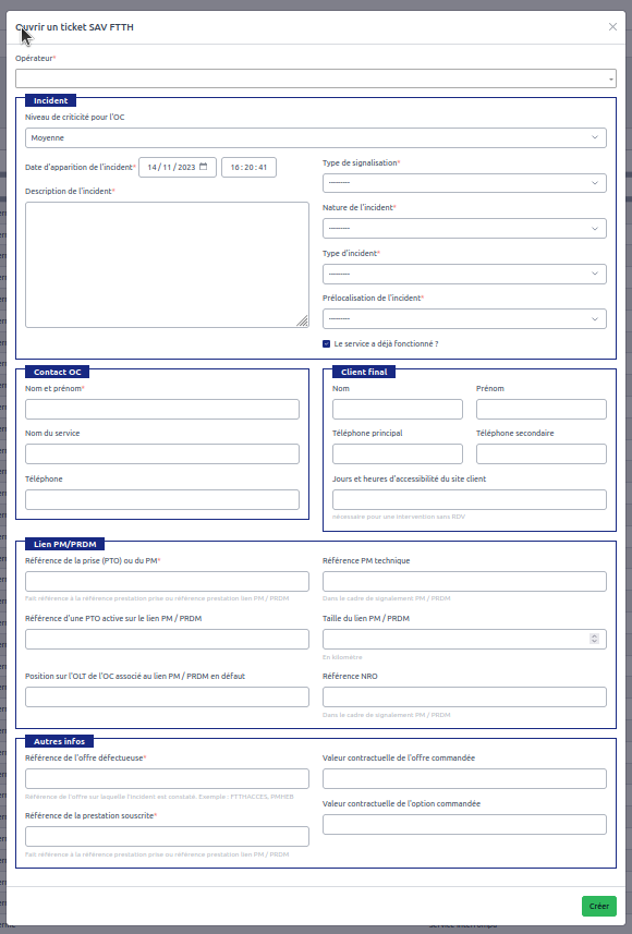 Formulaire création de ticket