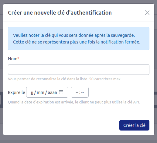 Création de clé API